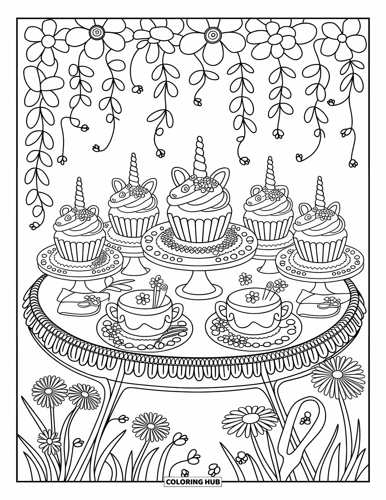 Unicorn Cupcake Coloring Page for Adults: Whimsical table of unicorn cupcakes with star napkins and lanterns