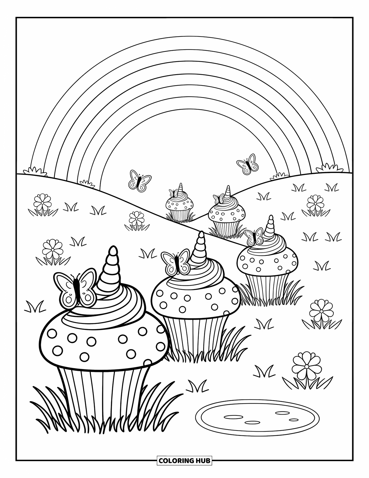 Unicorn Cupcake Coloring Page for Adults: Whimsical trail of cupcake mushrooms with butterflies and rainbow