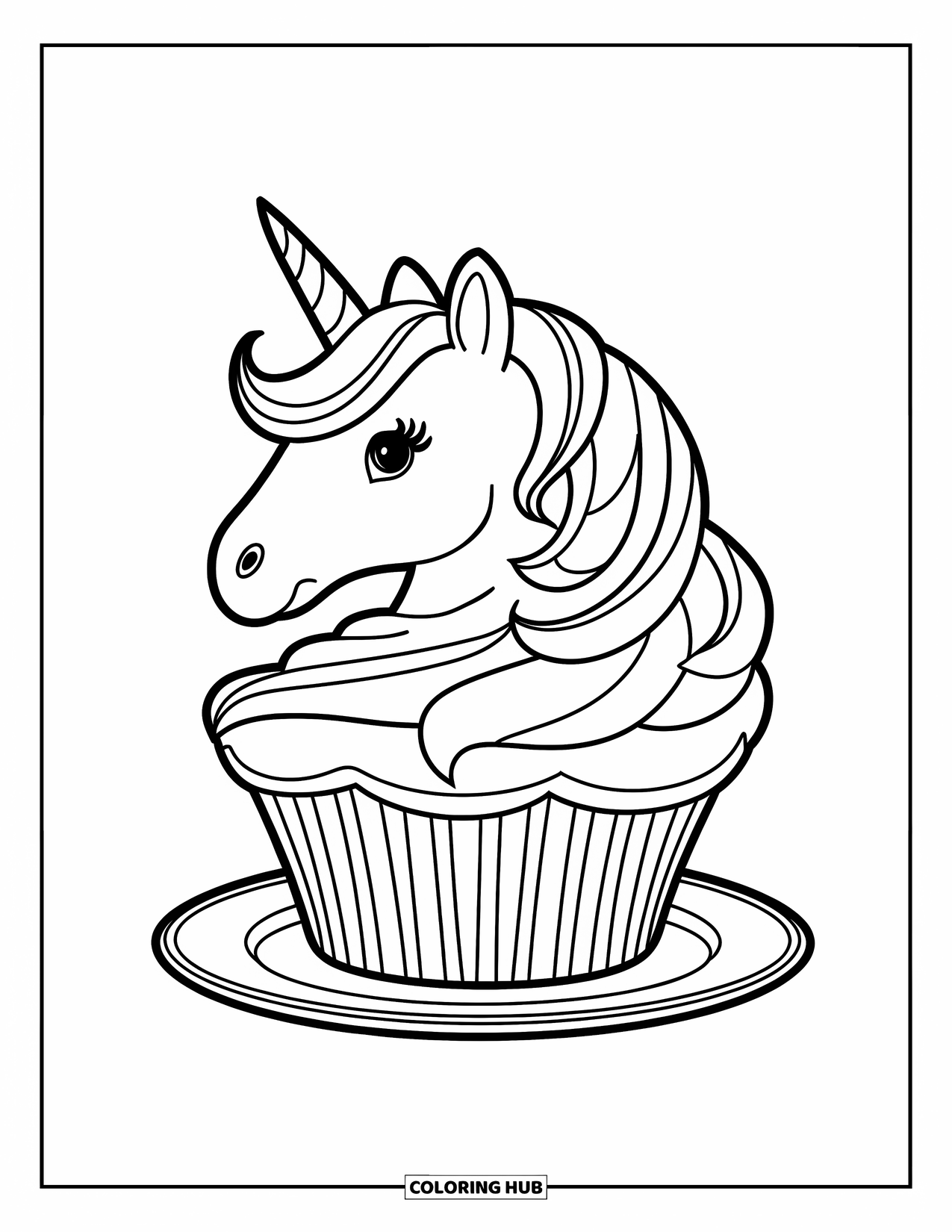 Unicorn Cupcake Coloring Page for Kids: Cupcake shaped like unicorn head with flowing mane on plate