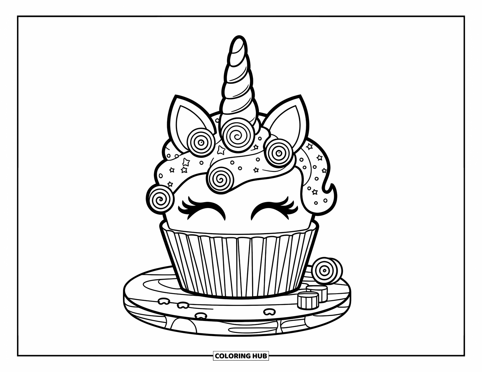 Unicorn Cupcake Coloring Page for Kids: Cupcake with candy spirals sitting on a wooden board