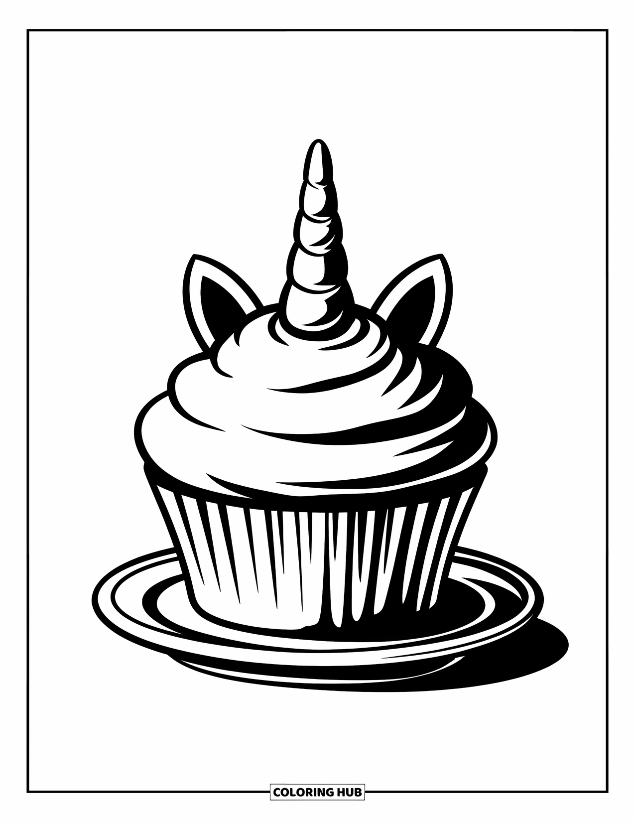 Unicorn Cupcake Coloring Page for Kids: Cupcake with horn and ears sits on a plate