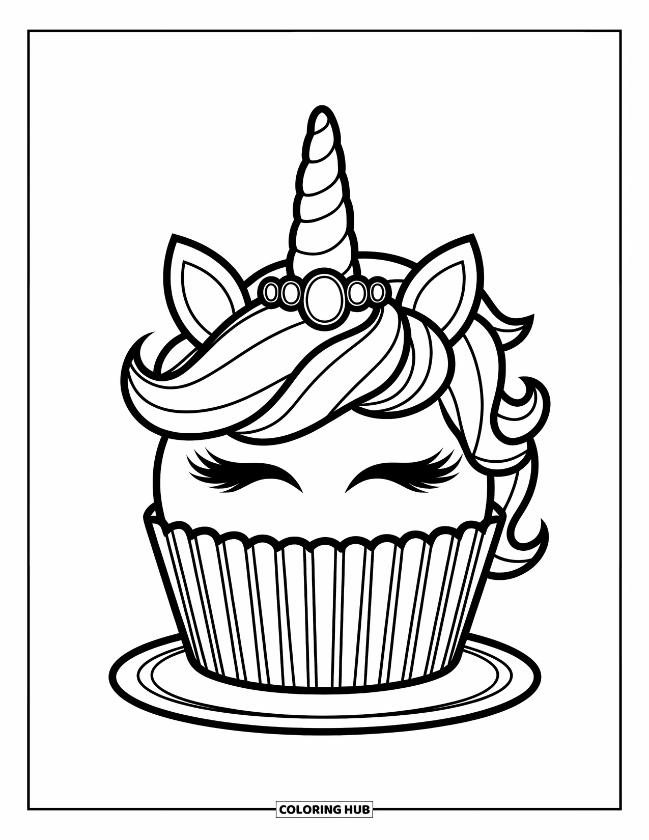 Unicorn Cupcake Coloring Page for Kids: Cupcake with jeweled horn and fancy lashes on a plate