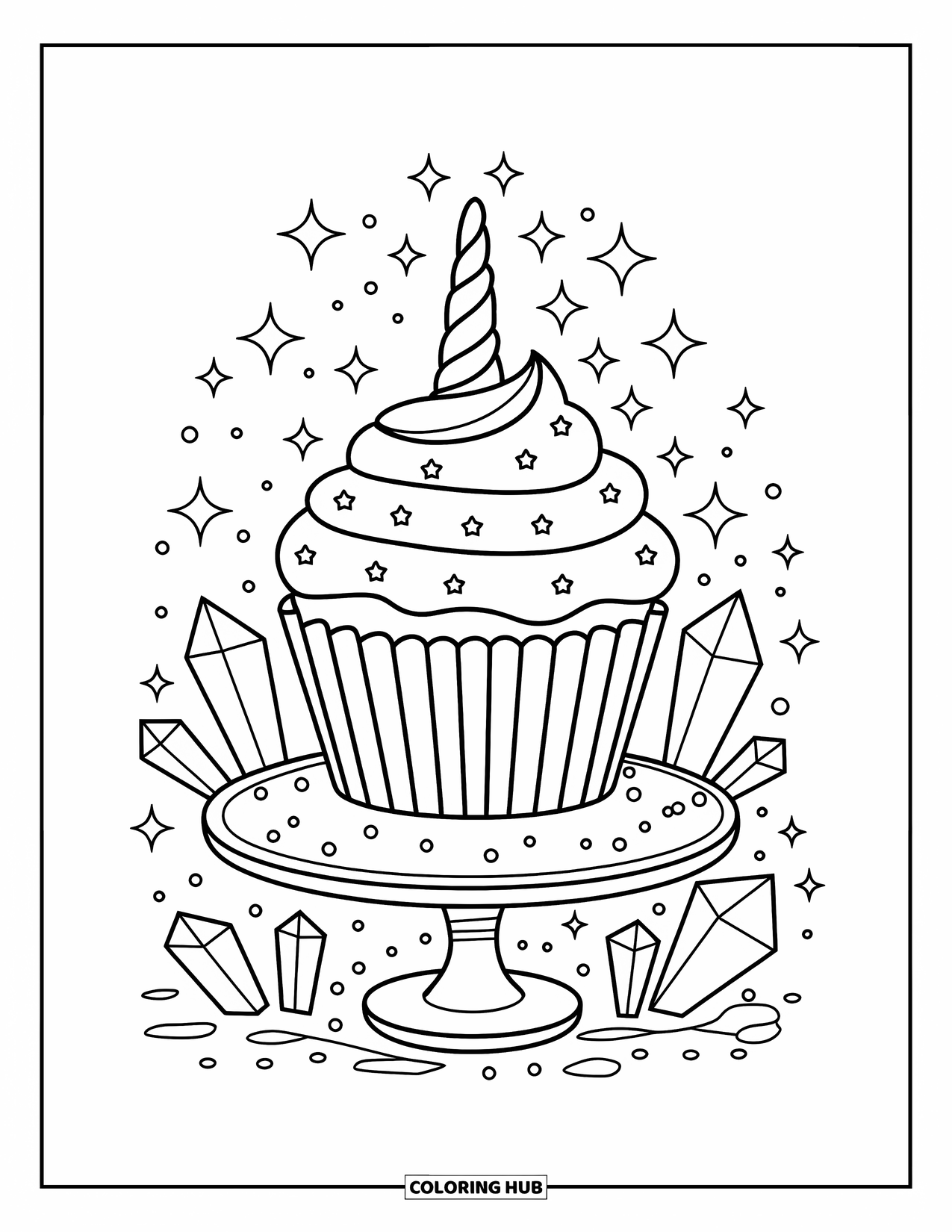 Unicorn Cupcake Coloring Page for Kids: Cupcake with rainbow swirl on a cake stand with crystals