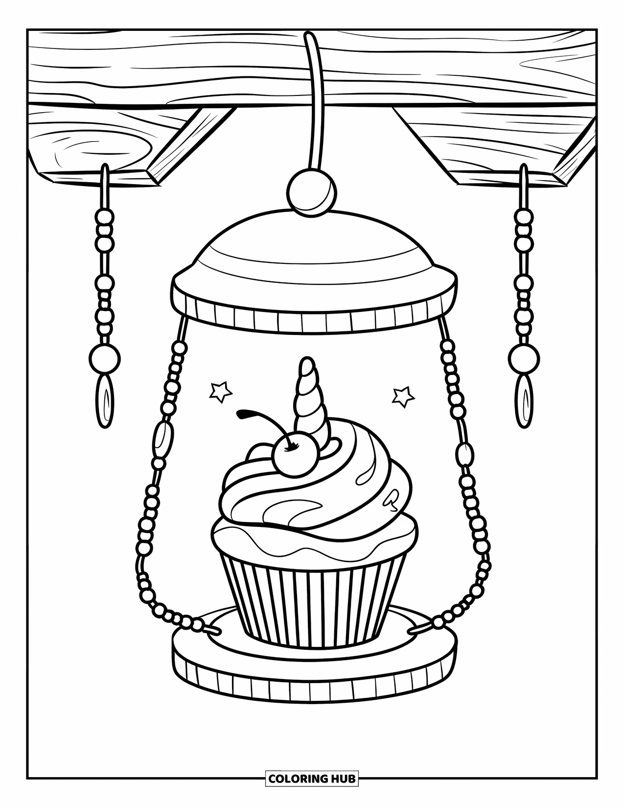 Unicorn Cupcake Coloring Page for Kids: Cupcake with rainbow swirl sits inside a hanging lantern
