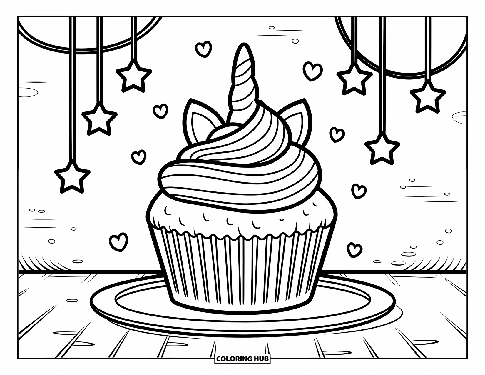 Unicorn Cupcake Coloring Page for Kids: Cupcake with rainbow swirl sits on a plate with stars