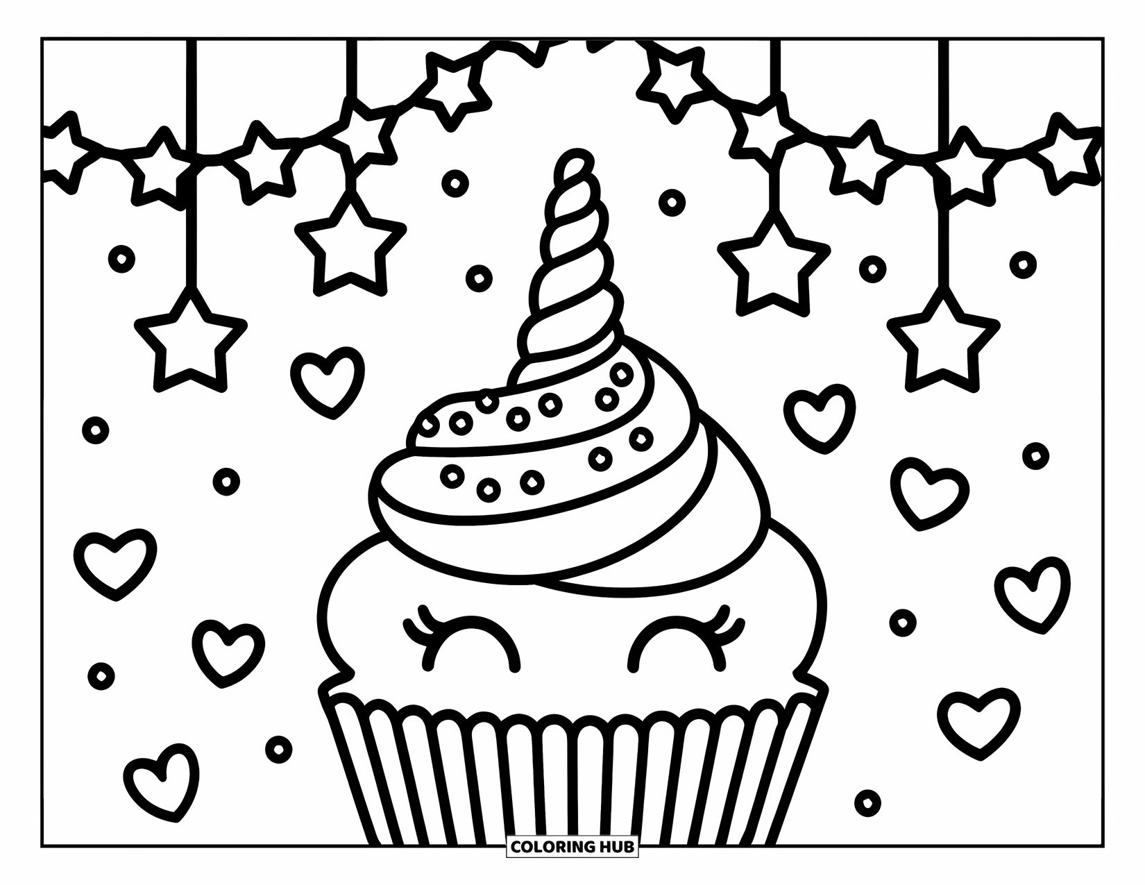 Unicorn Cupcake Coloring Page for Kids: Cupcake with rainbow swirl surrounded by stars and hearts