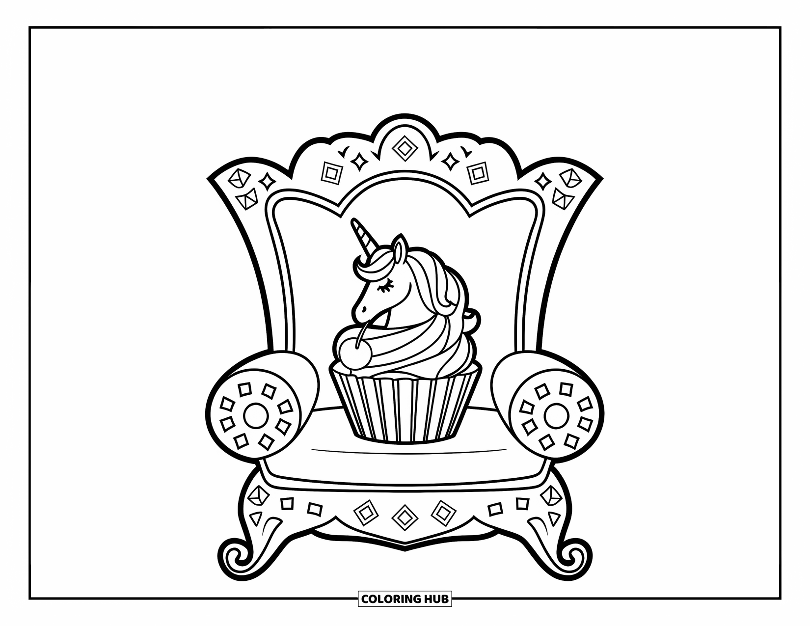 Unicorn Cupcake Coloring Page for Kids: Cupcake with unicorn horn sits on a jeweled pillow