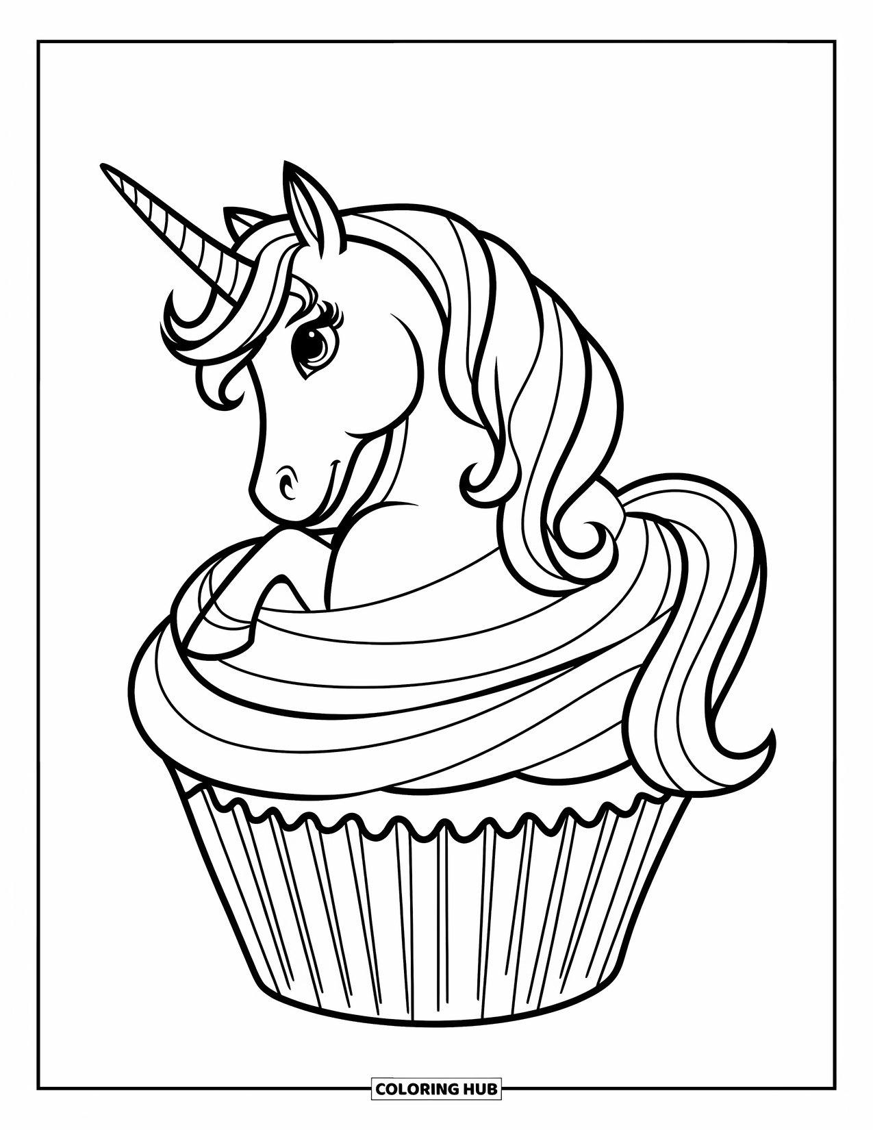 Unicorn Cupcake Coloring Page for Kids: Cupcake with unicorn lying in frosting, horn pointed up