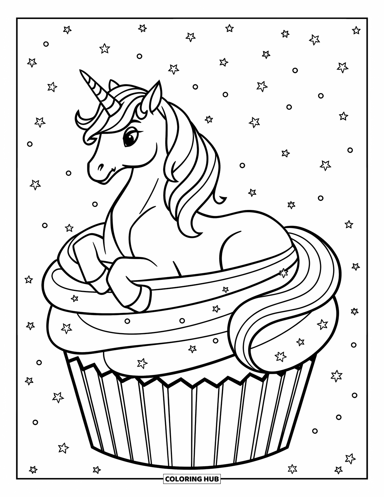 Unicorn Cupcake Coloring Page for Kids: Cupcake with unicorn lying in frosting with sprinkles