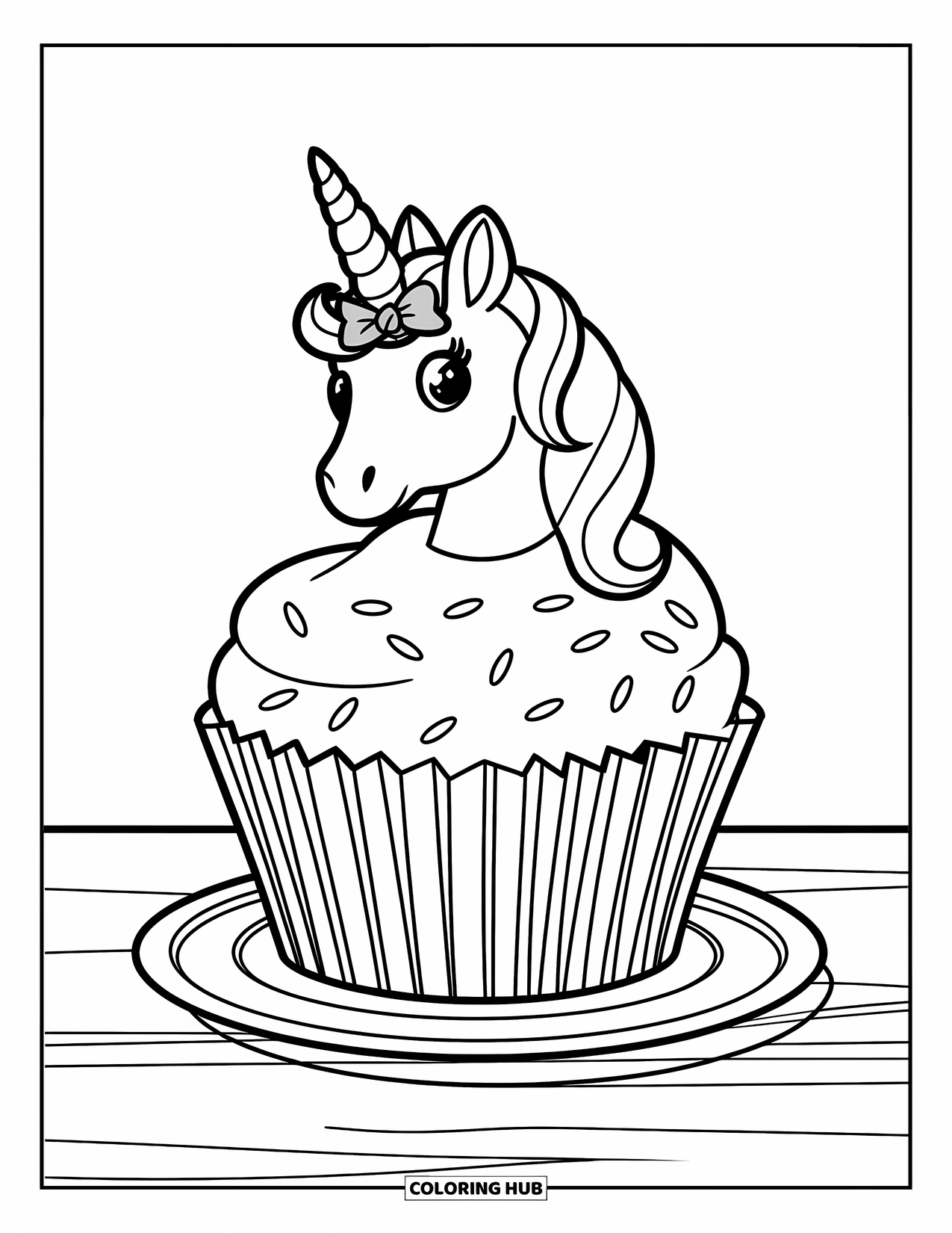 Unicorn Cupcake Coloring Page for Kids: Cupcake with unicorn popping out of frosting with bow