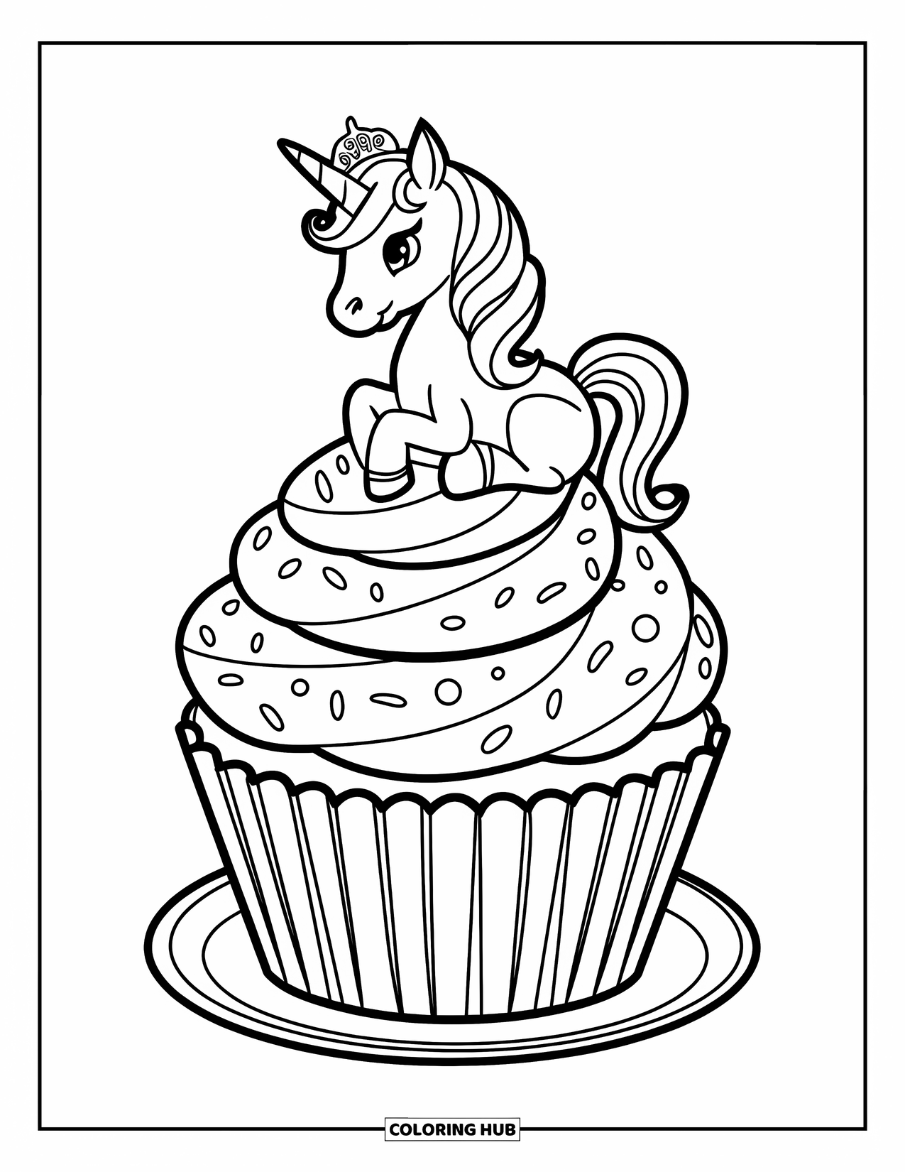 Unicorn Cupcake Coloring Page for Kids: Cupcake with unicorn wearing crown on top of frosting