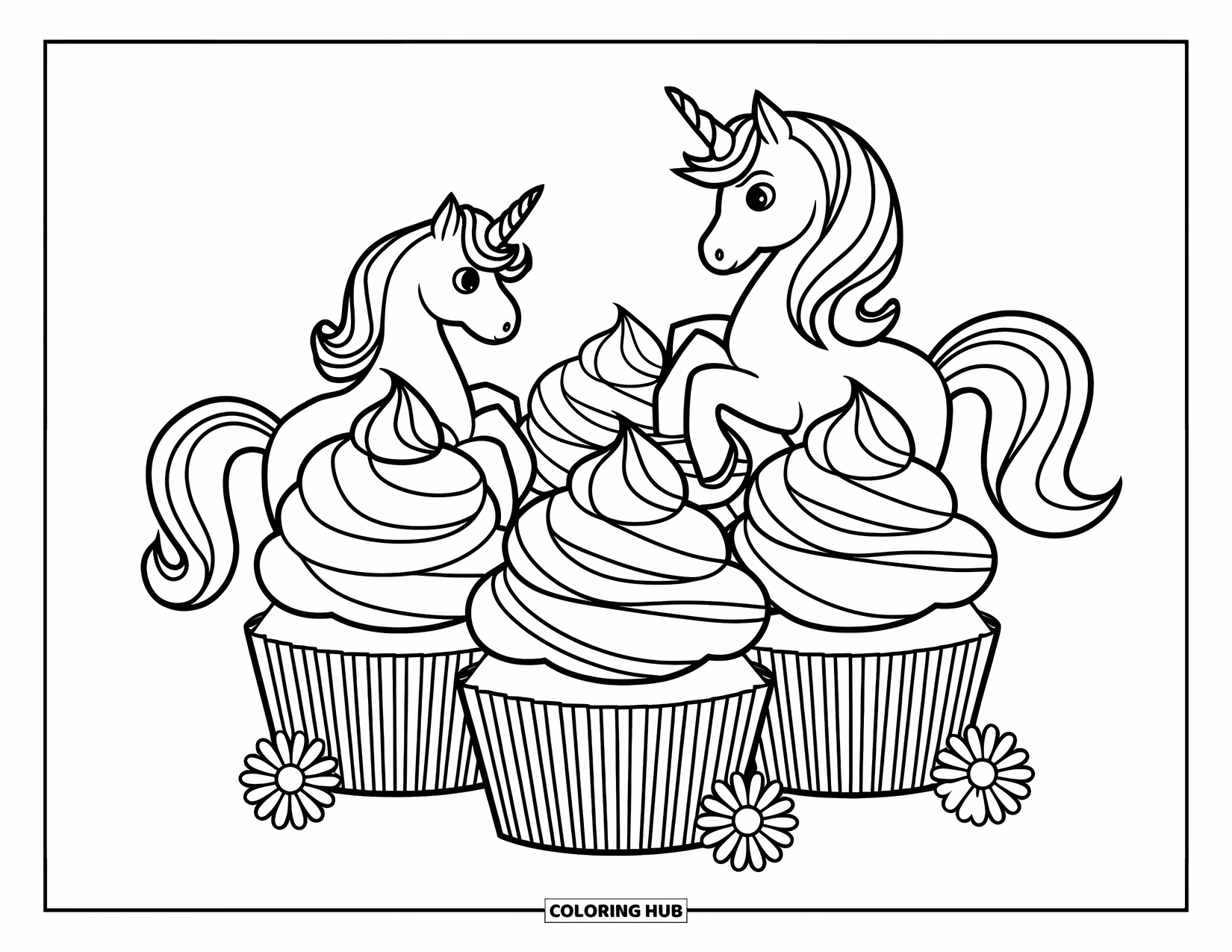 Unicorn Cupcake Coloring Page for Kids: Cupcakes with unicorns and flowers arranged together