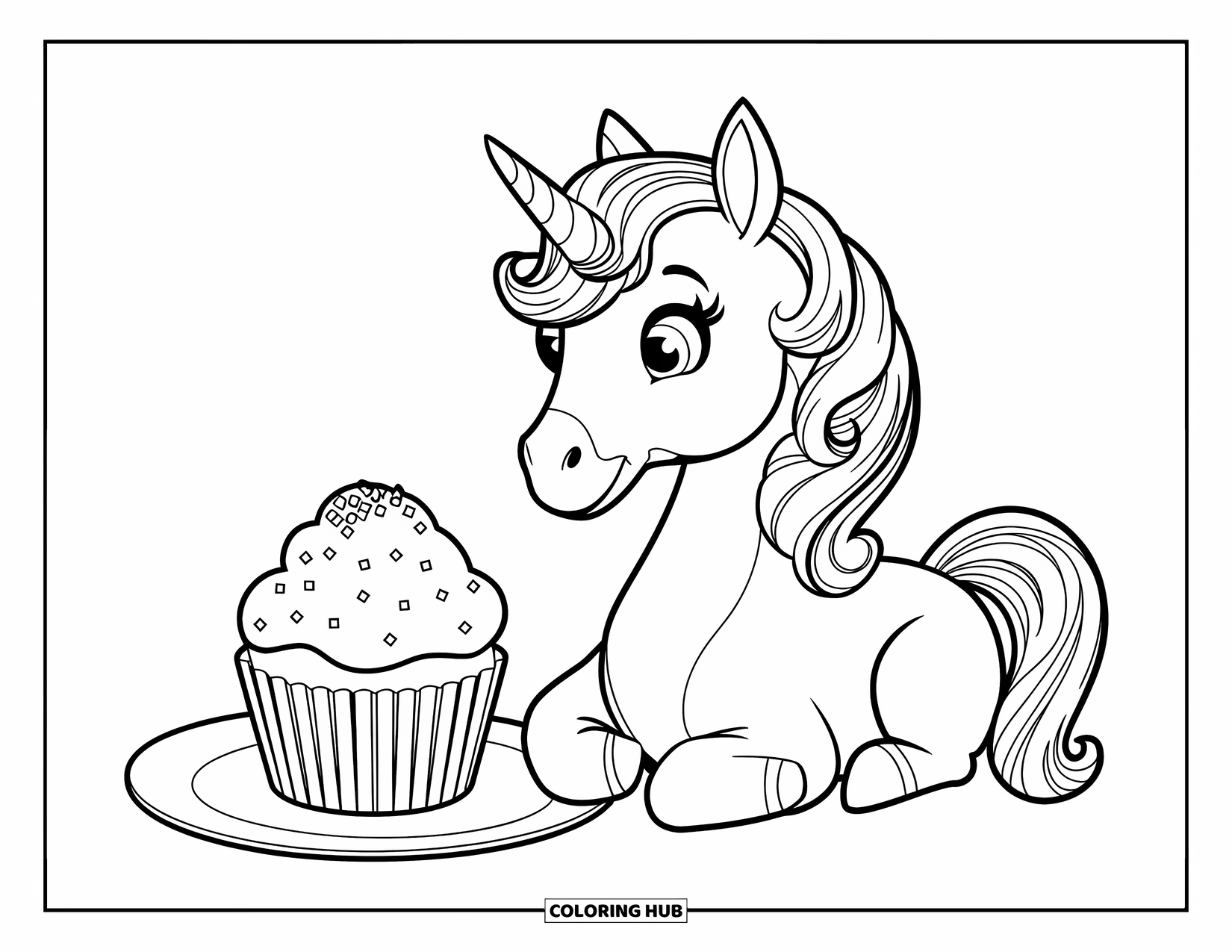 Unicorn Cupcake Coloring Page for Kids: Fluffy-maned unicorn sits beside a cupcake with sprinkles