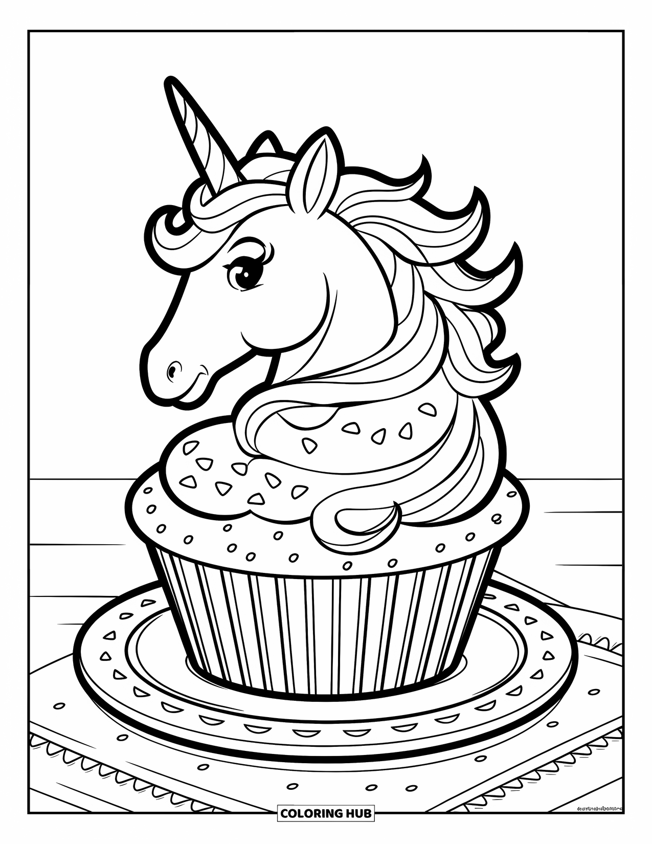 Unicorn Cupcake Coloring Page for Kids: Unicorn cupcake head with mane frosting sits on a plate