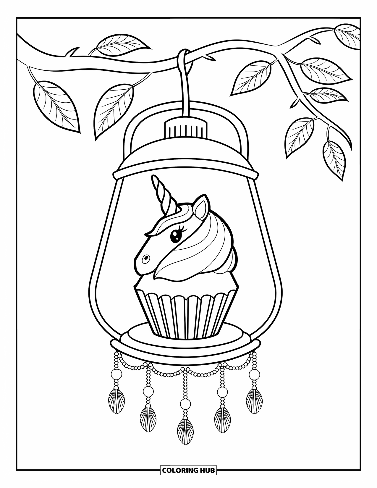 Unicorn Cupcake Coloring Page for Kids: Unicorn cupcake inside a lantern with dangling beads