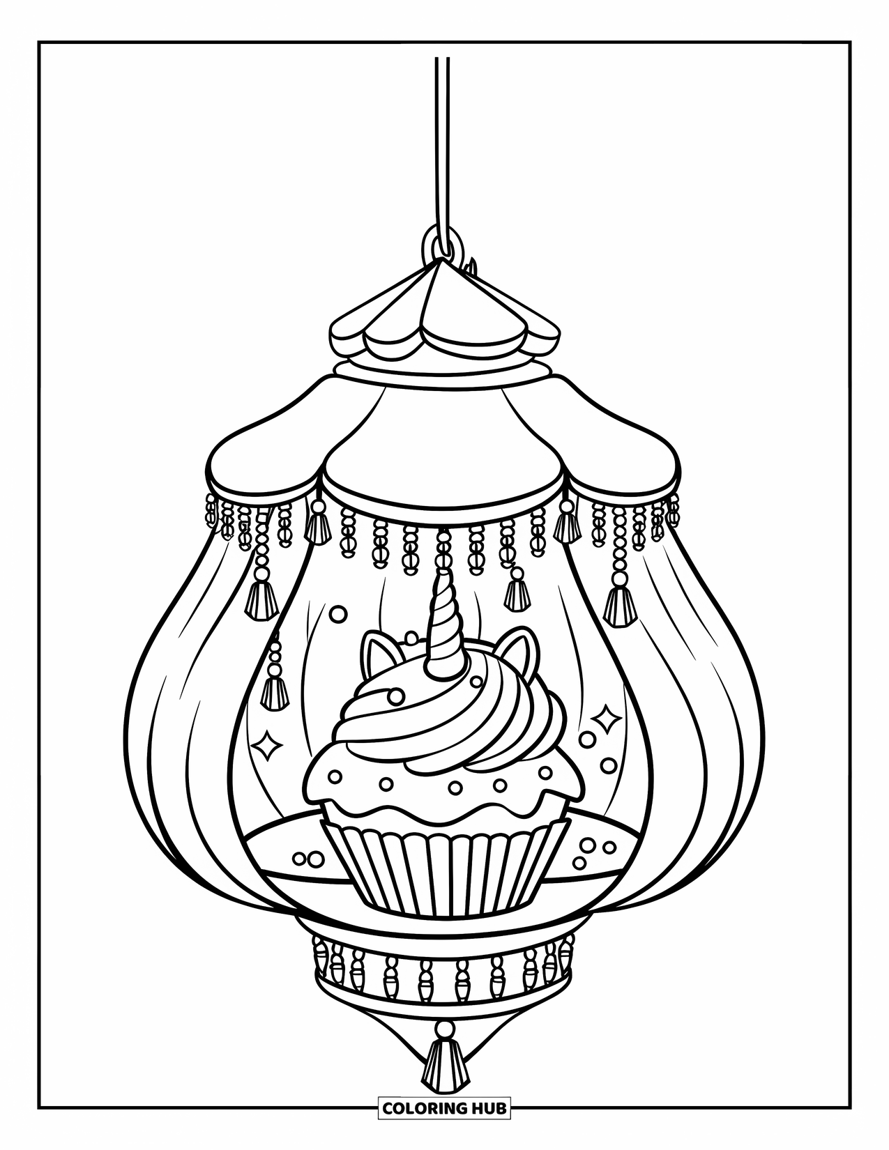 Unicorn Cupcake Coloring Page for Kids: Unicorn cupcake inside a red lantern with golden top