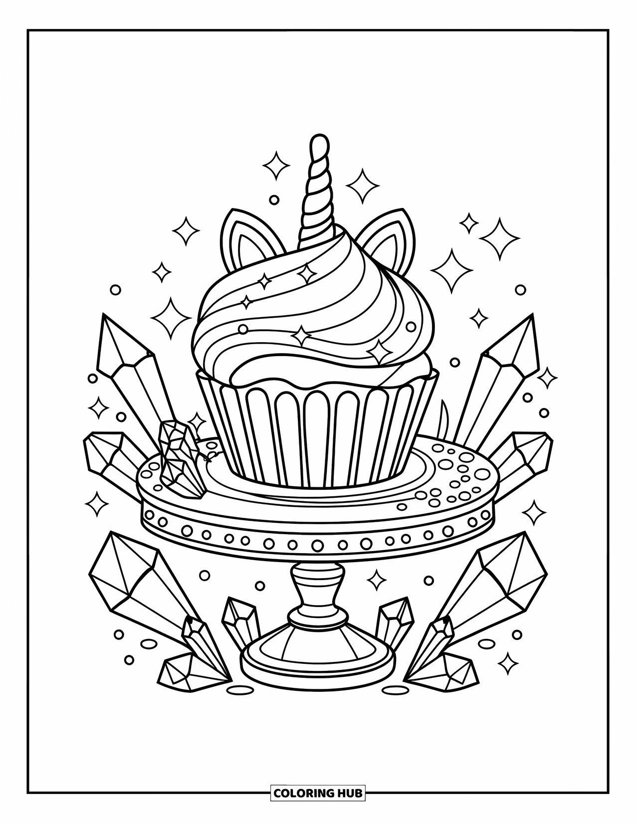 Unicorn Cupcake Coloring Page for Kids: Unicorn cupcake on a dessert stand with crystals and sparkles