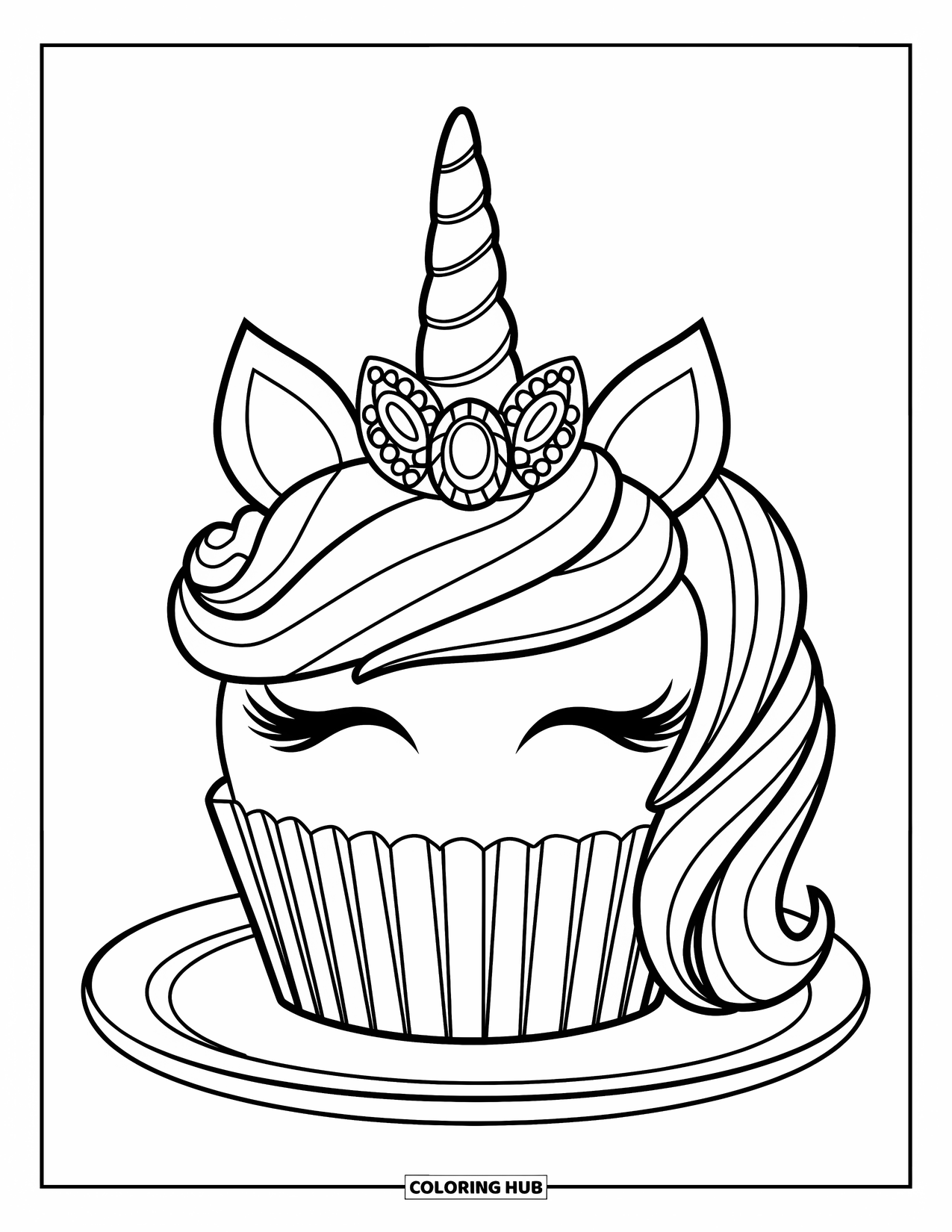 Unicorn Cupcake Coloring Page for Kids: Unicorn cupcake with jeweled horn and layered frosting