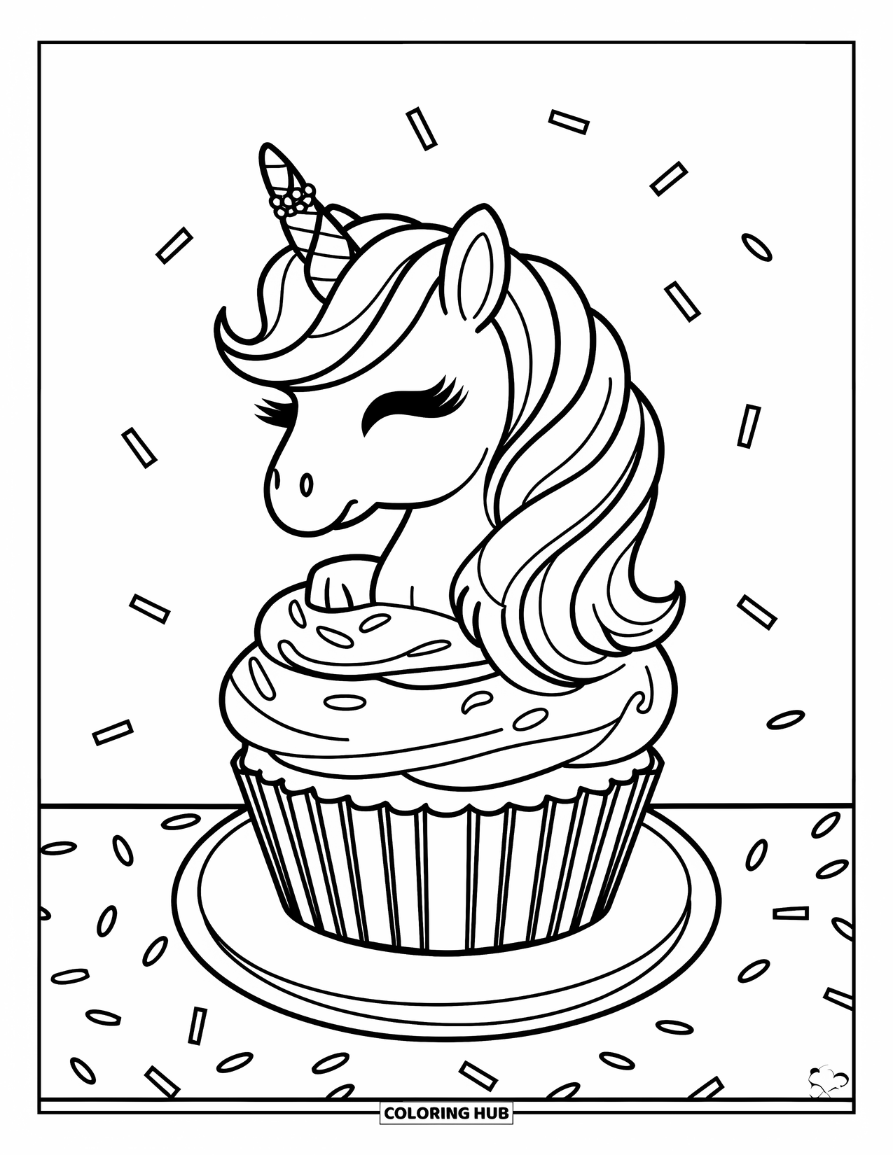 Unicorn Cupcake Coloring Page for Kids: Unicorn cupcake with layered frosting and sparkles around