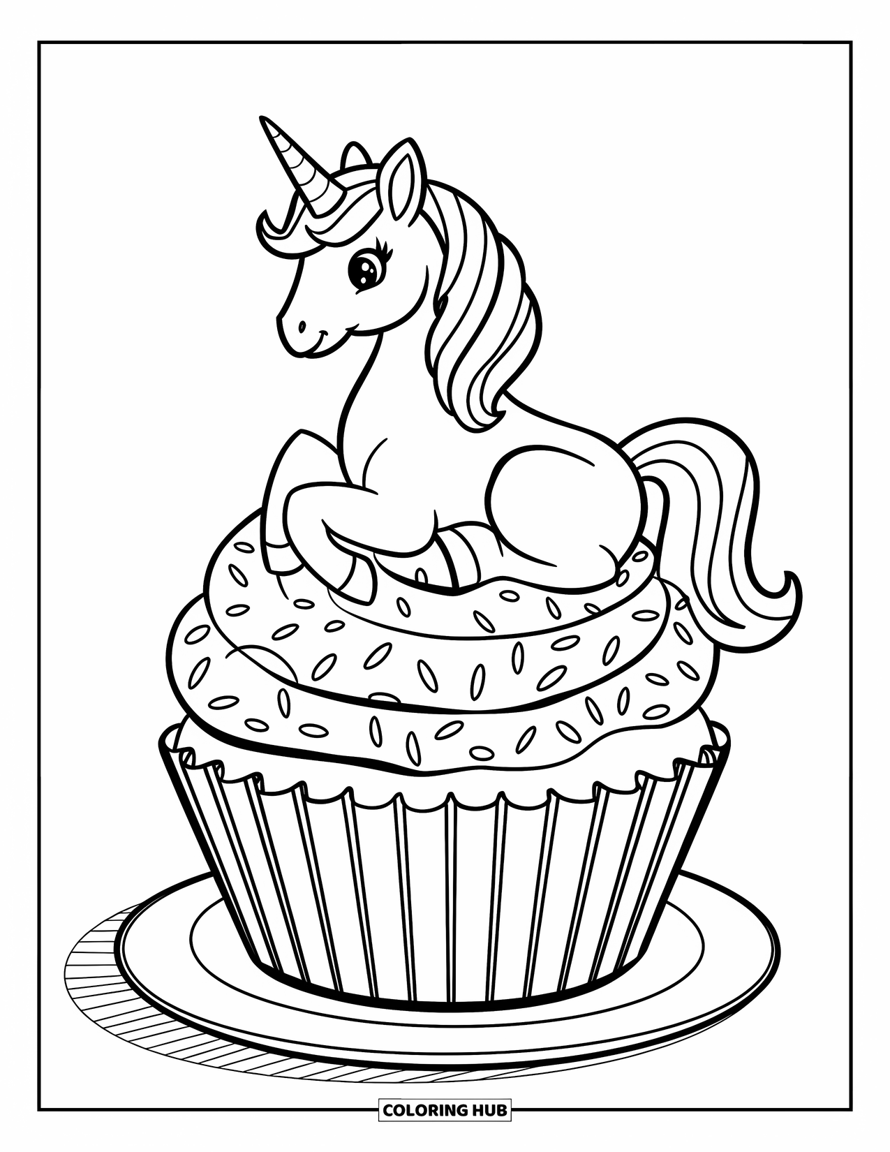Unicorn Cupcake Coloring Page for Kids: Unicorn sits on top of a giant cupcake with sprinkles