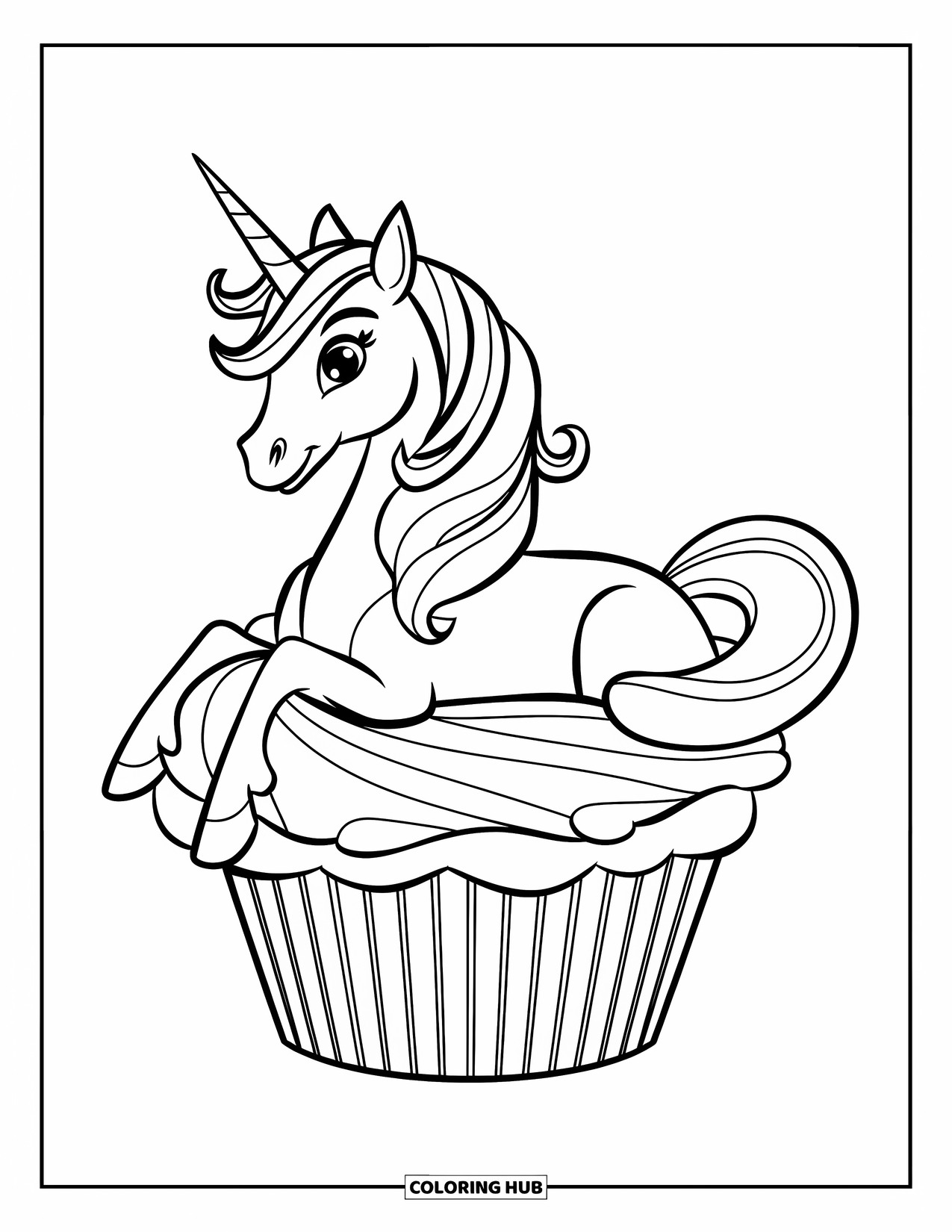 Unicorn Cupcake Coloring Page for Kids: Unicorn with pink mane rests in frosting swirl