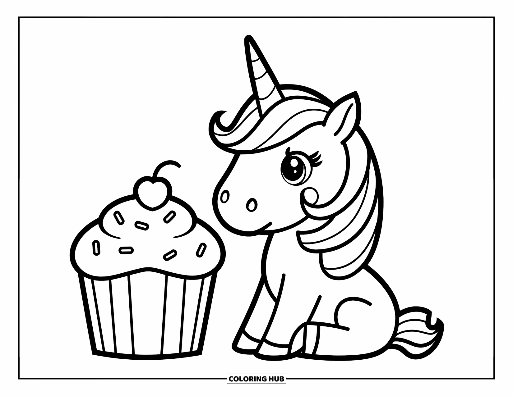 Unicorn Cupcake Coloring Page for Kids: Unicorn with pink mane sits beside a frosted cupcake