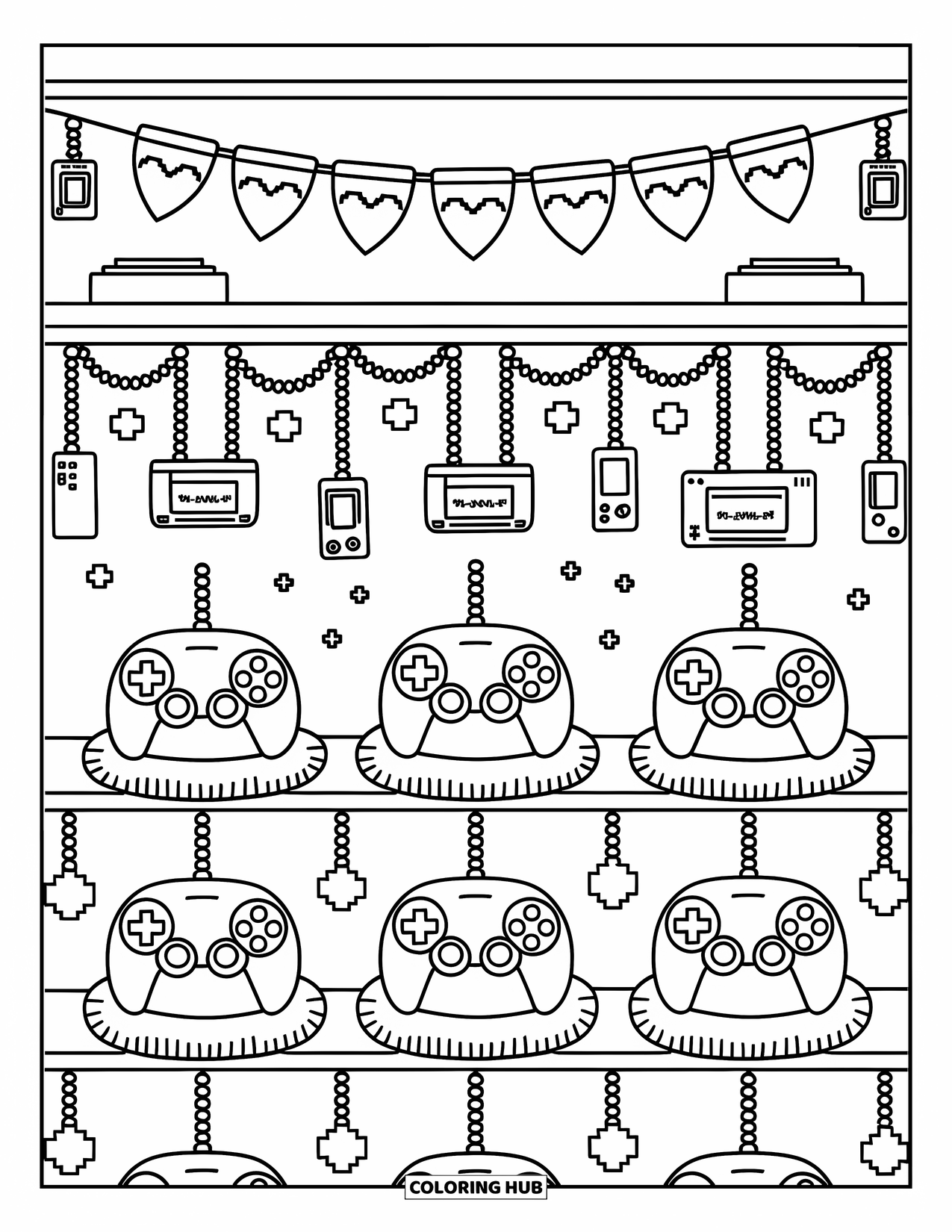 Video Game Controller Coloring Page for Adults: A controller shelf filled with plush pads, labels, and dangling pixel hearts