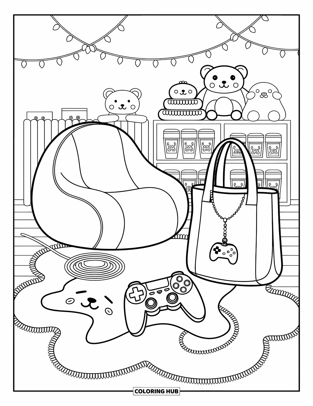 Video Game Controller Coloring Page for Adults: A cozy nook with plushies, fairy lights, and a controller on a soft rug