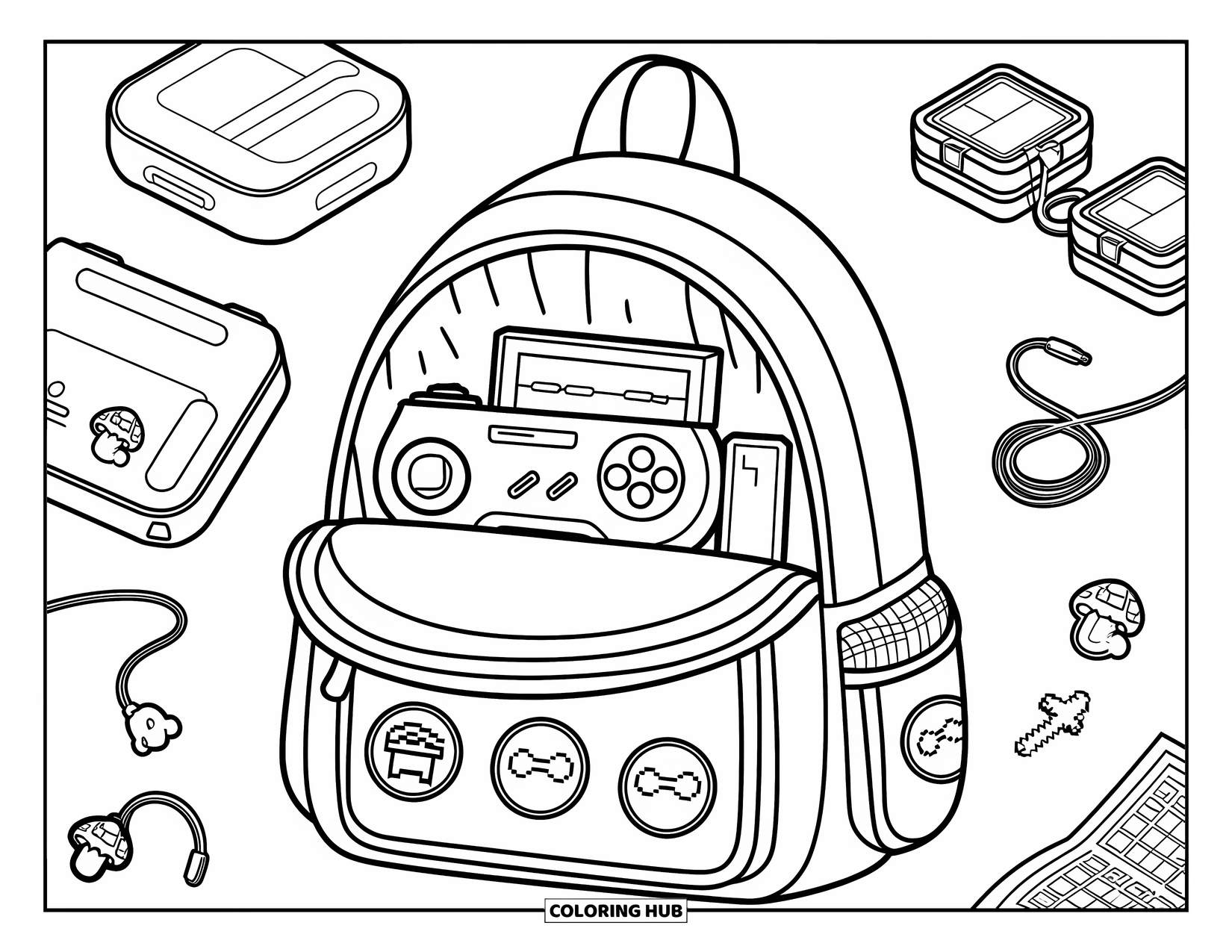 Video Game Controller Coloring Page for Kids: A backpack bursts with gamer goodies like earbuds, pixel pins, and a game schedule