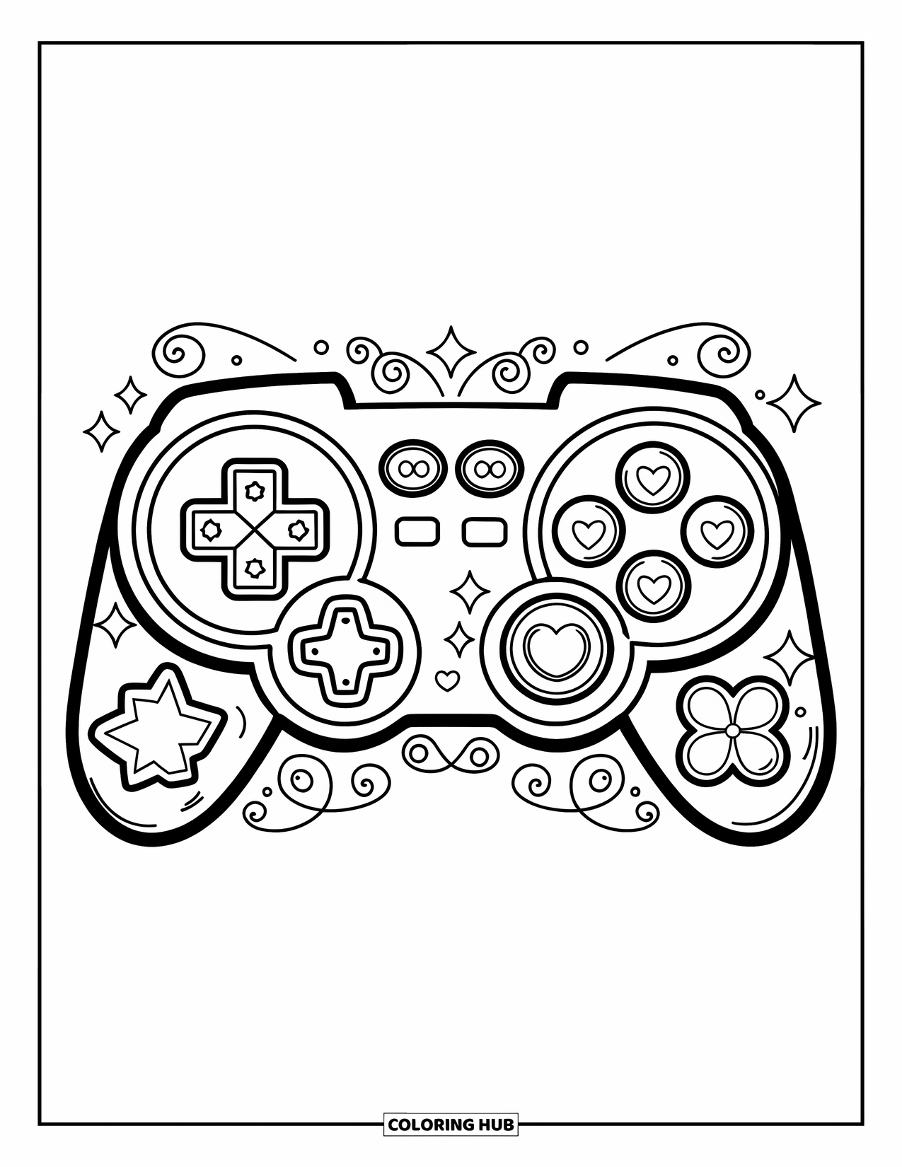 Video Game Controller Coloring Page for Kids: A controller with joyful shapes, sparkles, and oversized patterned buttons