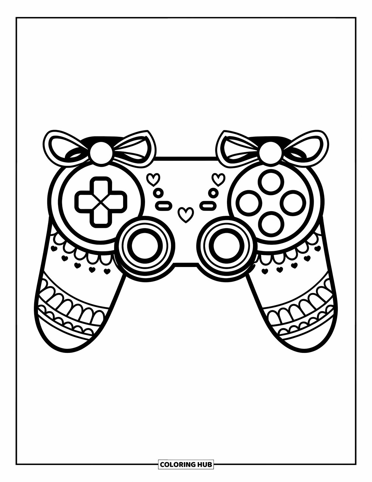 Video Game Controller Coloring Page for Kids: A kawaii controller with cute scrolls and bows sits in a heart-filled design