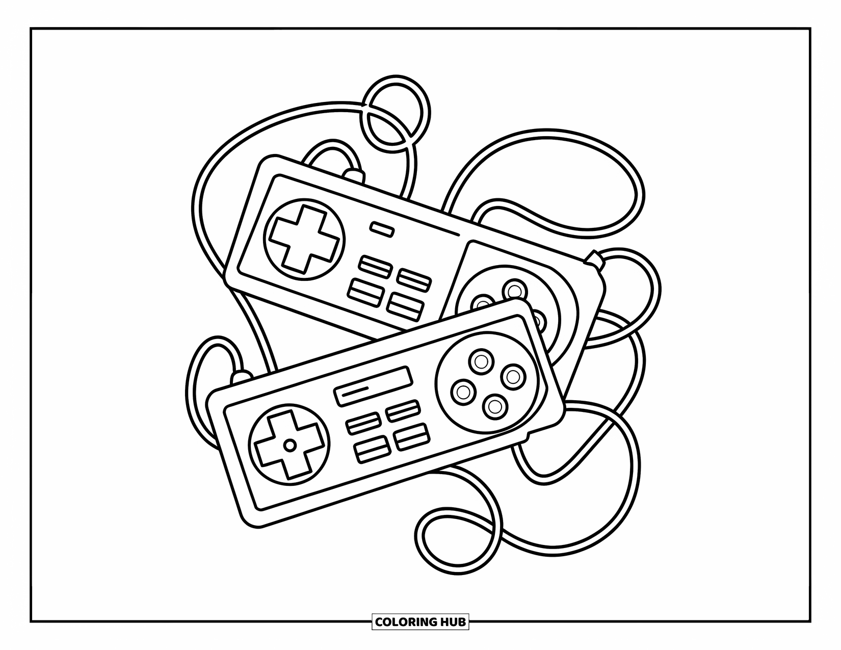 Video Game Controller Coloring Page for Kids: Two tangled controllers with curly wires and playful buttons sit side by side