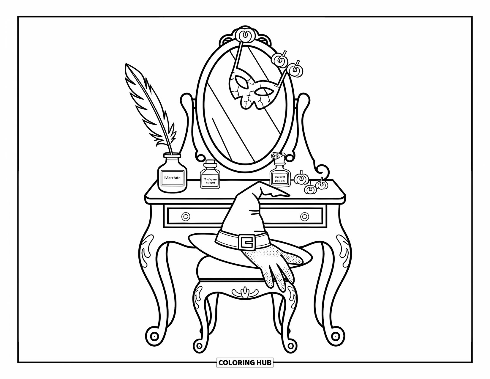 Vintage Halloween Coloring Page for Adults: A mirror vanity holds potions, a feather pen, and a witch hat on a stool