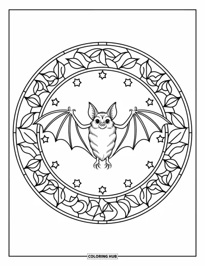 Coloriage d'Halloween vintage pour adultes : Une chauve-souris dans un cadre de vitrail feuillu entouré d'étoiles et de volutes