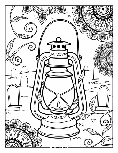 Coloriage d'Halloween vintage pour adultes : Une lanterne de cimetière encadrée de lianes tourbillonnantes et de motifs de mandala apaisants