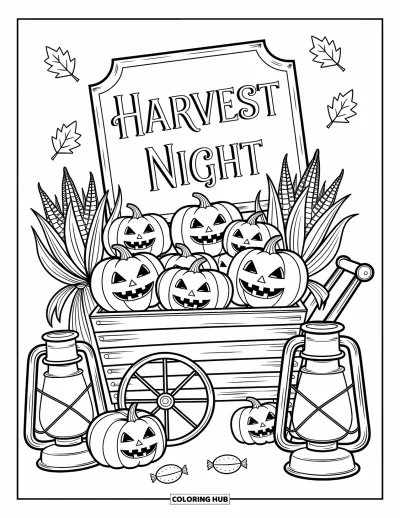 Coloriage d'Halloween vintage pour adultes : Un vieux chariot chargé de citrouilles grimaçantes, de lanternes et d'emballages de bonbons éparpillés