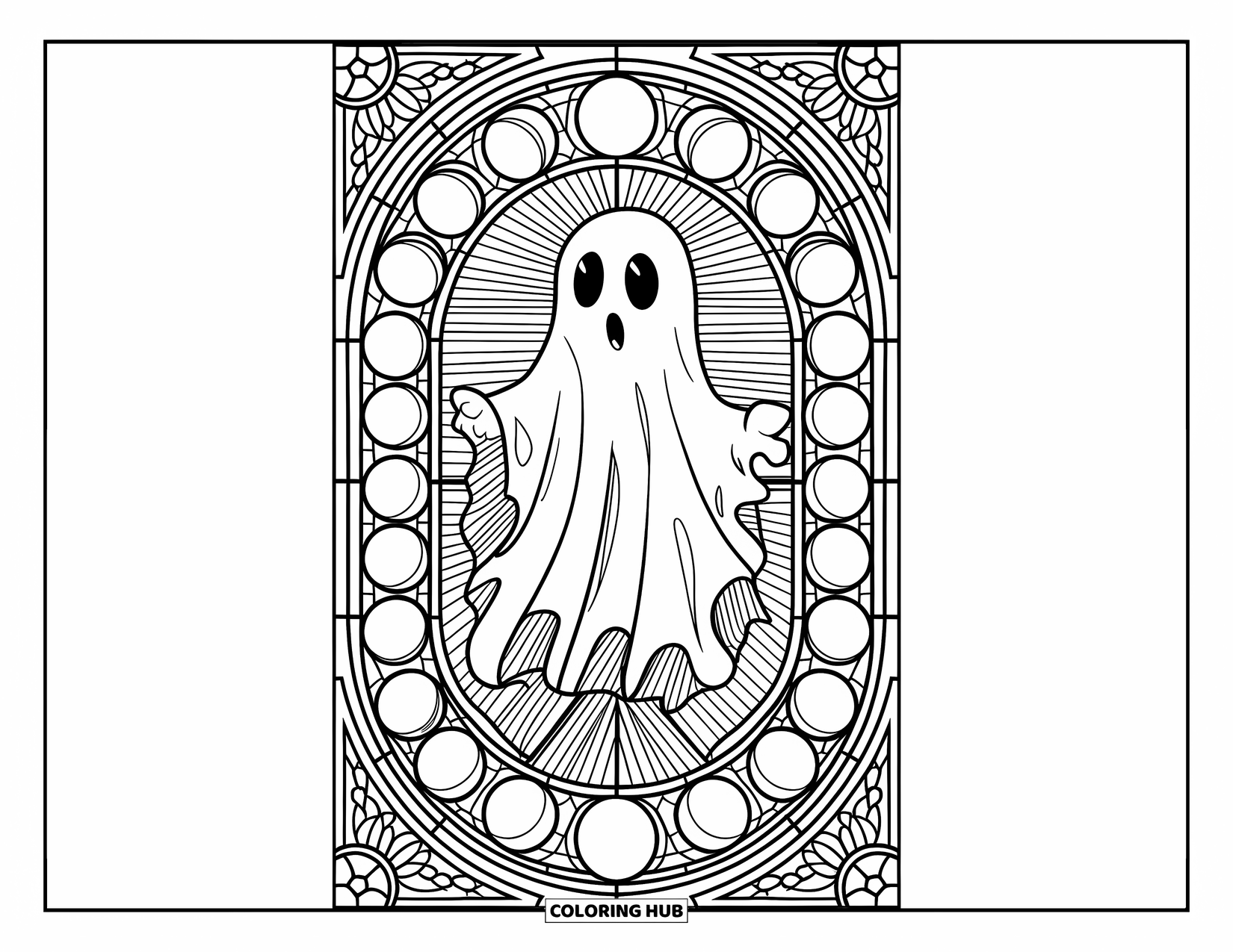 Vintage Halloween Coloring Page for Adults: Peaceful ghost floats inside a stained glass design of moon phases