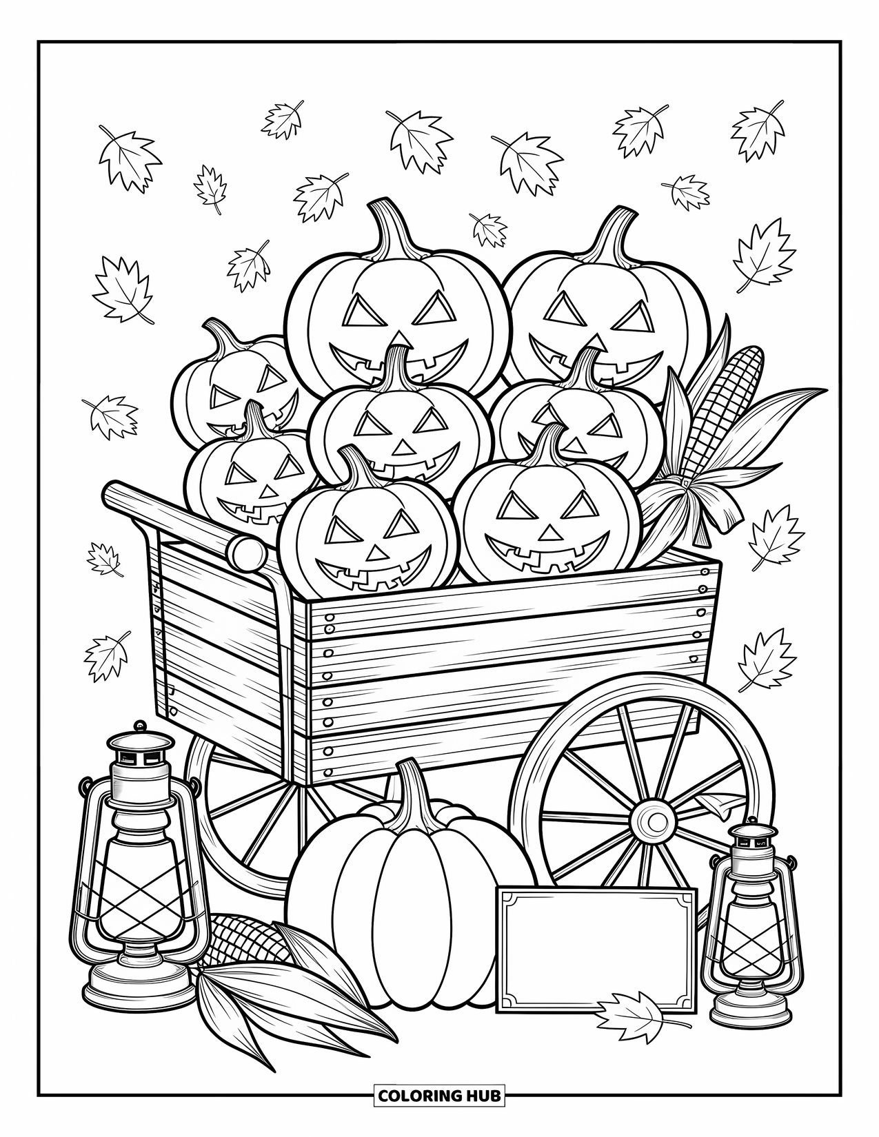 Vintage Halloween Coloring Page for Adults: Pumpkin cart marked "Harvest Night" with lanterns, husks, and falling leaves