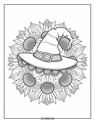 Coloriage d'Halloween vintage pour adultes : Un chapeau de sorcière orné de rubans brille au centre d'un mandala de tournesols