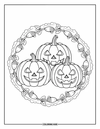 Coloriage d'Halloween vintage pour adultes : Des citrouilles-lanternes souriantes reposent dans un mandala feuillu parsemé de baies