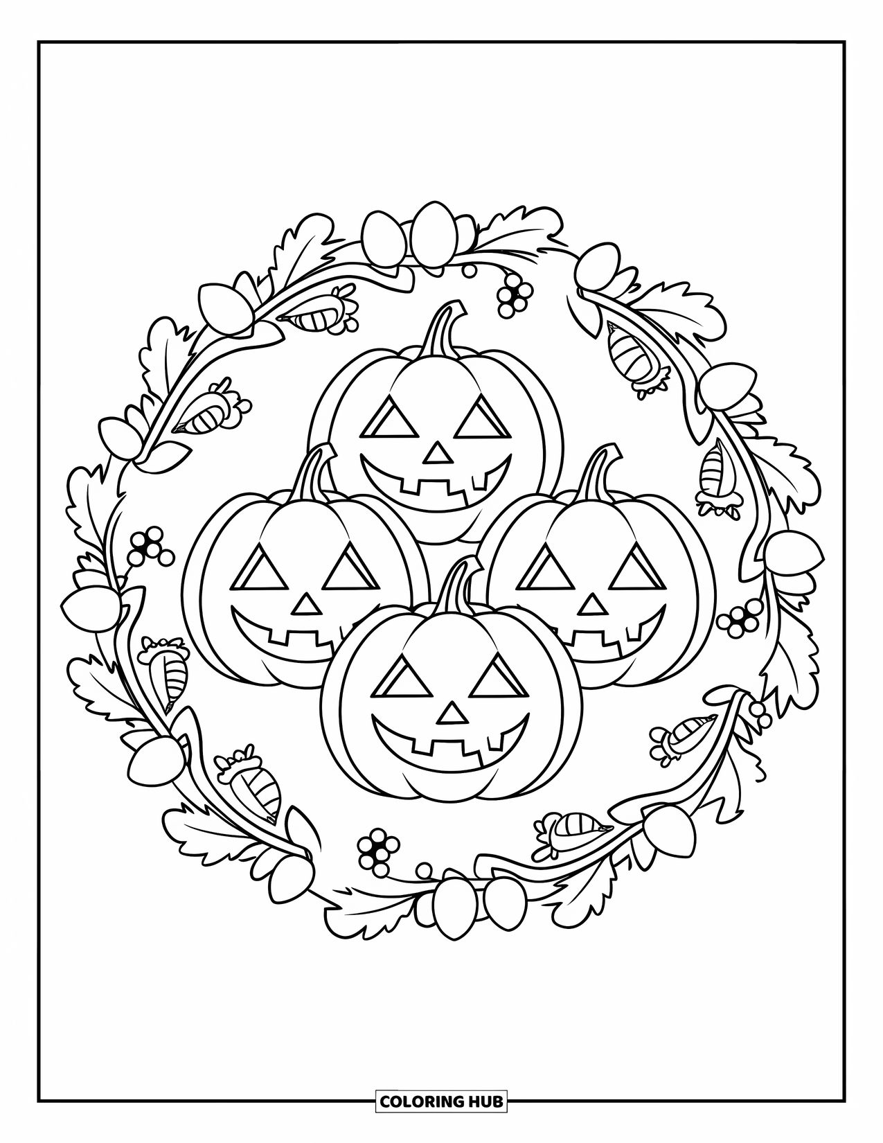 Vintage Halloween Coloring Page for Adults: Three carved pumpkins sit inside a floral mandala with acorns and berries