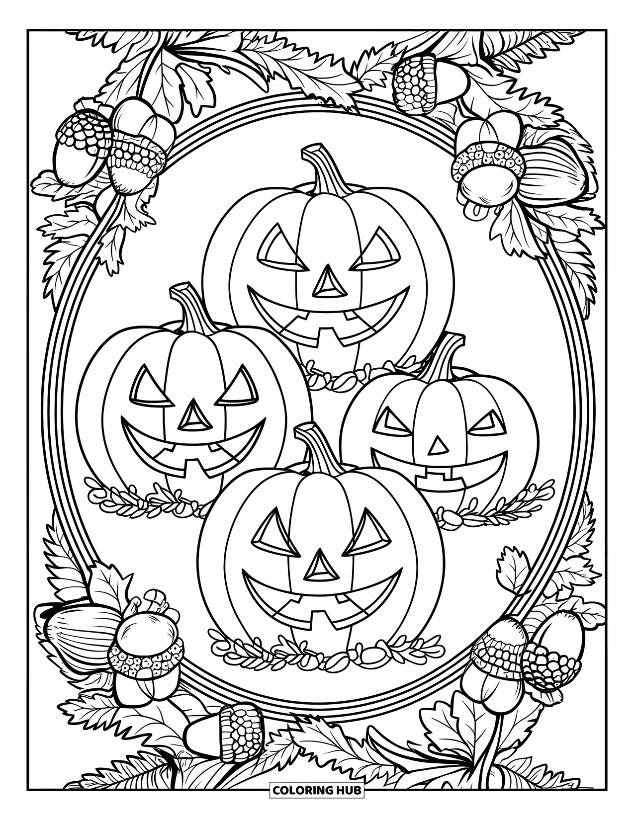 Vintage Halloween Coloring Page for Adults: Three vintage pumpkins rest inside a relaxing floral and berry mandala