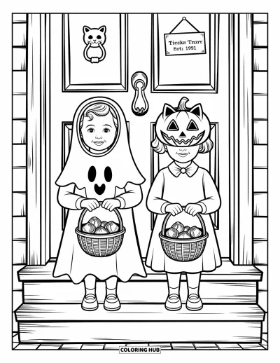 Coloriage d'Halloween vintage pour adultes : Deux enfants en costumes vintage de fantôme et de citrouille se tiennent près d'un panneau de quête de bonbons