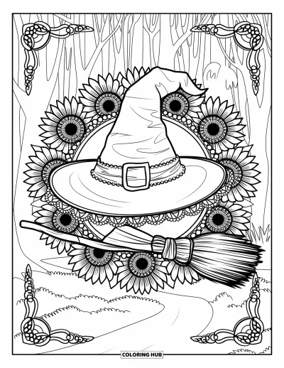 Coloriage d'Halloween vintage pour adultes : Un chapeau de sorcière et un balai reposent dans une forêt entourée de mandalas de tournesols