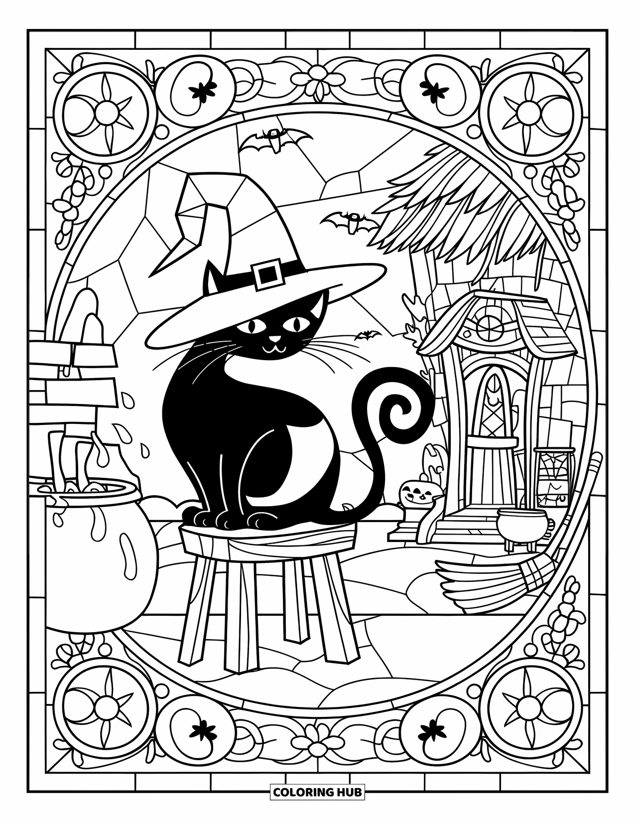 Vintage Halloween Coloring Page for Adults: Witch's hat cat sits on a stool near a haunted cottage and stained glass flowers