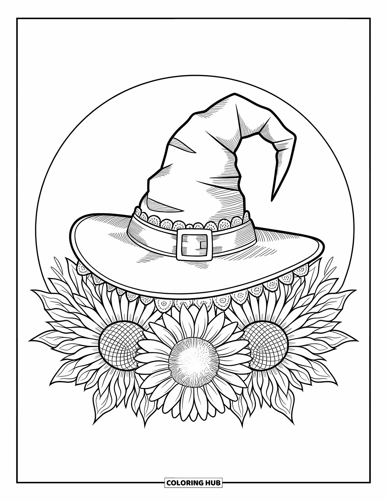 Vintage Halloween Coloring Page for Adults: Witch's hat with lace trim sits inside sunflower-shaped mandalas
