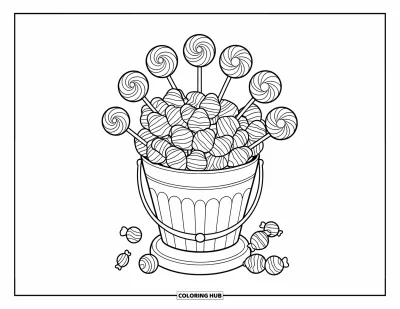 Coloriage d'Halloween vintage pour enfants : Un seau de sucettes en spirale et de berlingots rayés repose sur un socle en bois