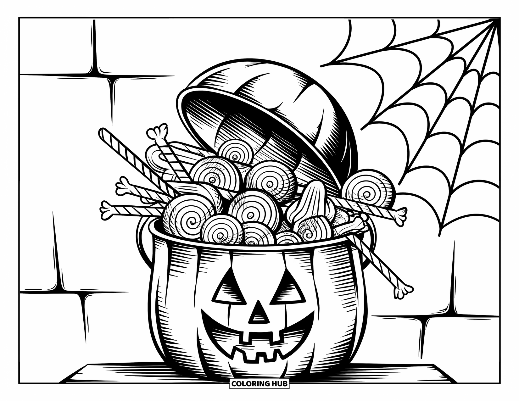 Vintage Halloween Coloring Page for Kids: Candy bucket overflows with lollipops under a cobwebby wall