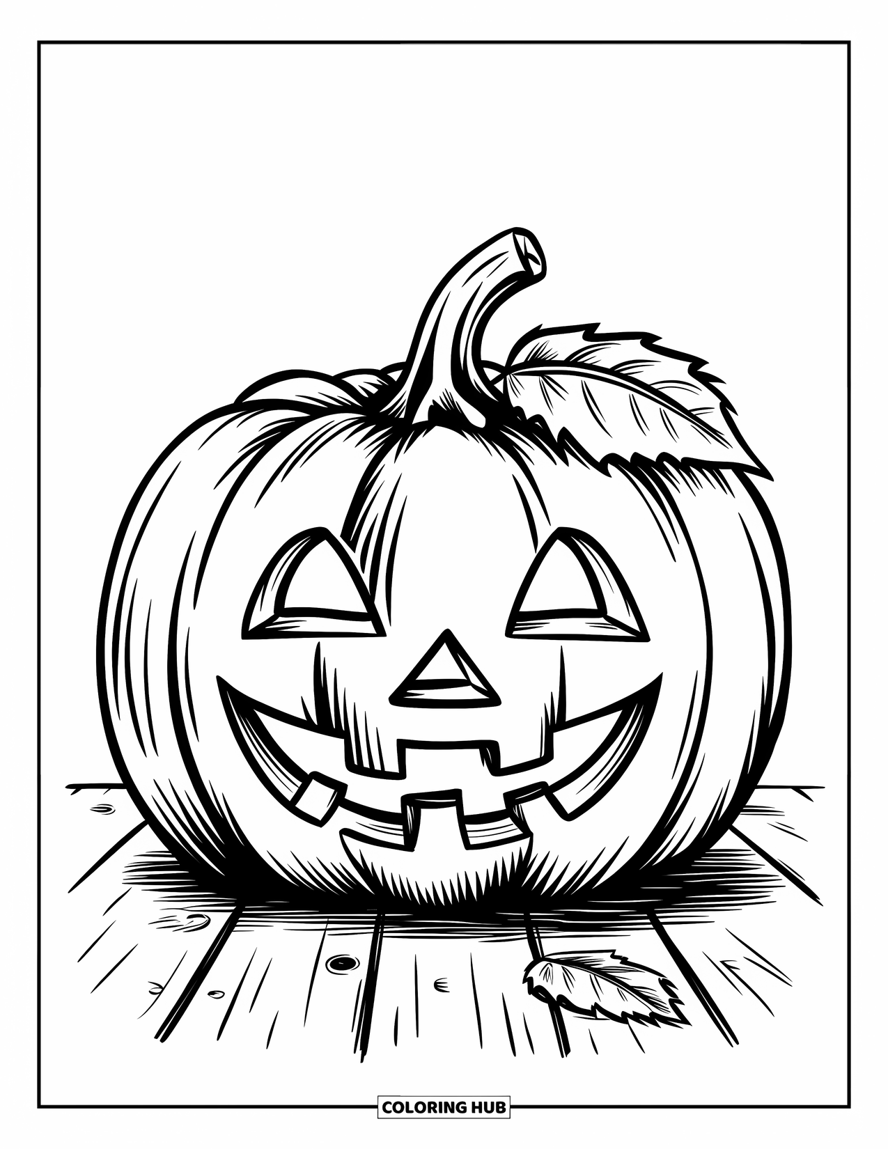 Vintage Halloween Coloring Page for Kids: Cheerful pumpkin with stitched leaf stem rests on a wooden surface