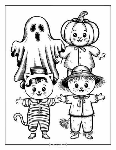 Coloriage d'Halloween vintage pour enfants : Quatre enfants en costumes d'époque tendent les mains pour recevoir des bonbons